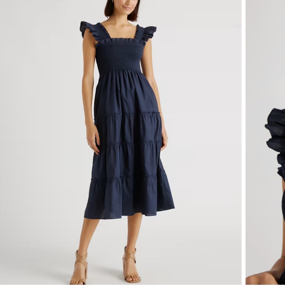 Quince Navy Ruffle Strap Midi Dress